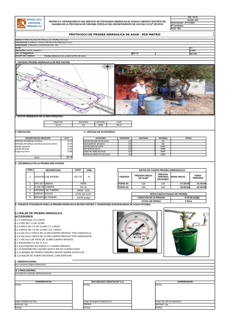 Protocolo Prueba Hidráulica Red Matriz | PDF | Hidráulica | Ingeniería ...