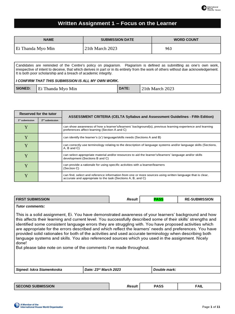CELTA Assignment: Learner Focus Analysis | PDF | Arabic | Question
