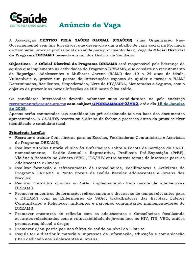 Vaga para Oficial Distrital do Programa DREAMS | PDF | Adolescência