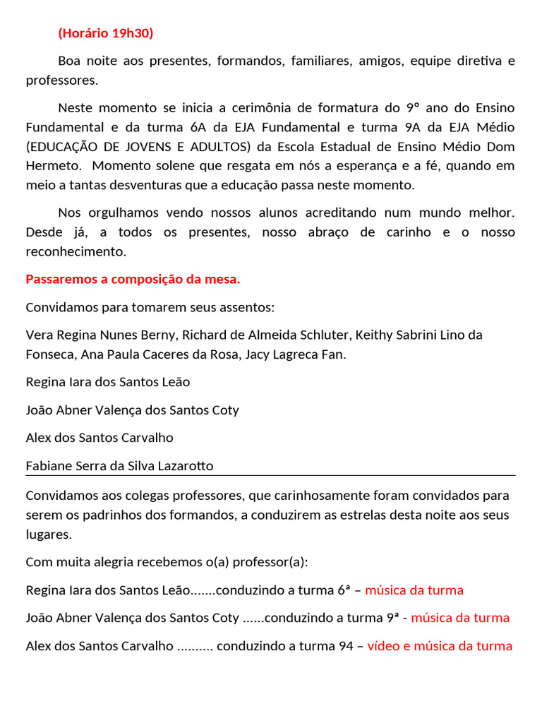 Formatura Cerimonial EJA + Regular 2024 19h30 | PDF