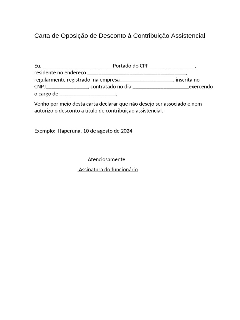 Carta de Oposição a Desconto Assistencial | PDF