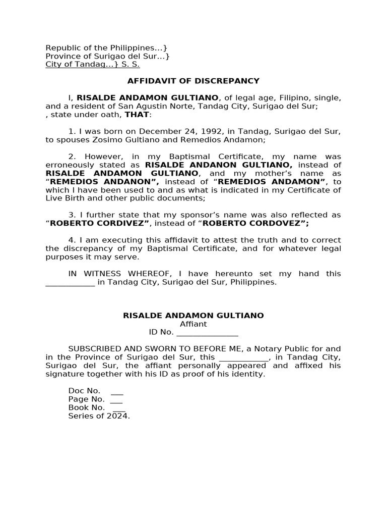 Affidavit of Discrepancy-Gultiano | PDF
