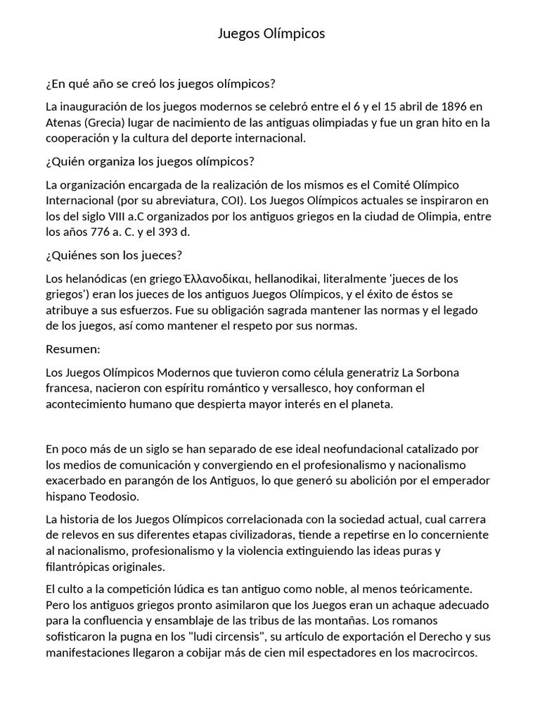 Historia y Organización de los Juegos Olímpicos | PDF | Juegos ...