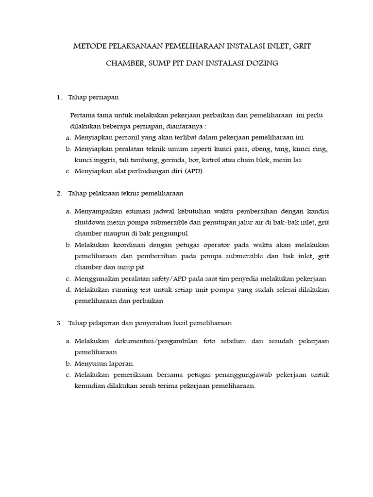 Metode Pelaksaan Pemeliharaan Instalasi Inlet, Grit Chamber, Sump Pit ...