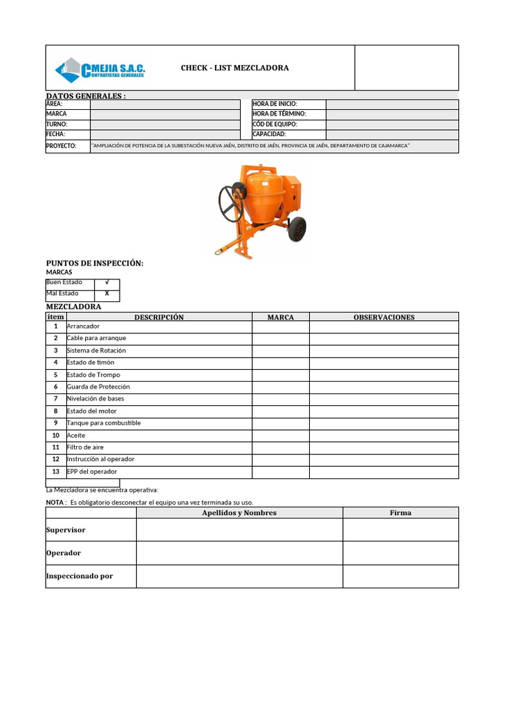 Checklist de Inspección de Mezcladora | PDF