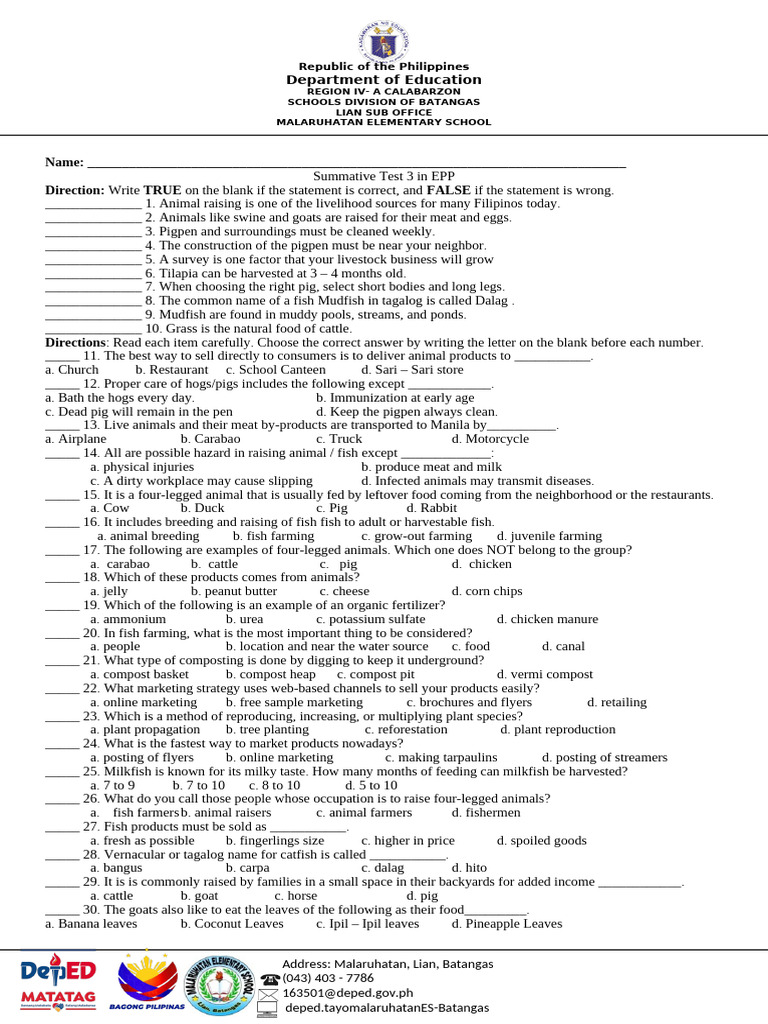 Summative Test 3 EPP | PDF | Agriculture | Food Industry