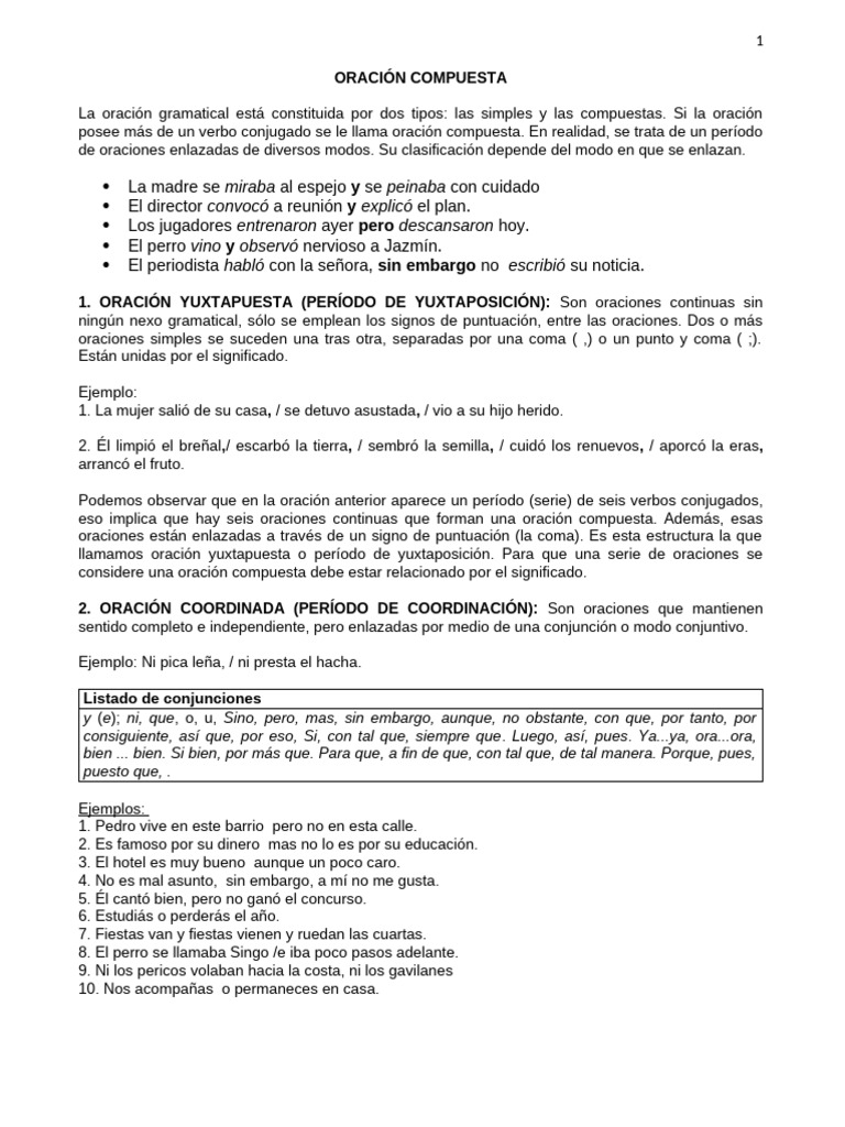 Tipos de Oraciones Compuestas en Gramática | PDF | Oración (Lingüística ...