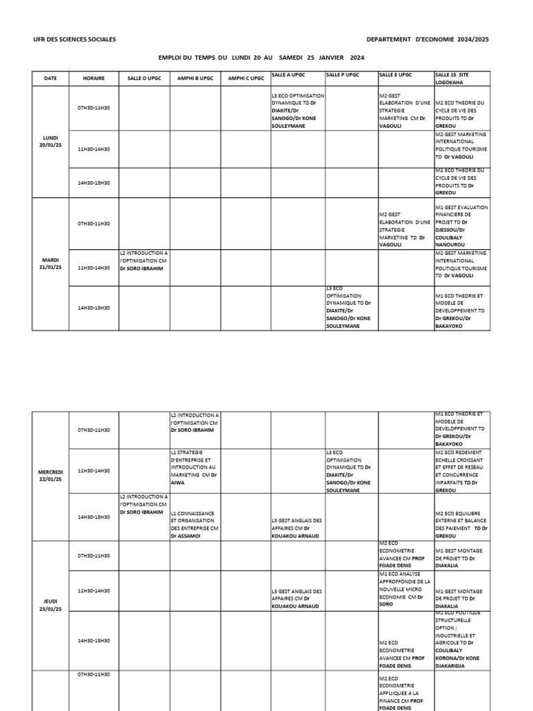 Emploi du Temps UPGC Janvier 2024 | PDF