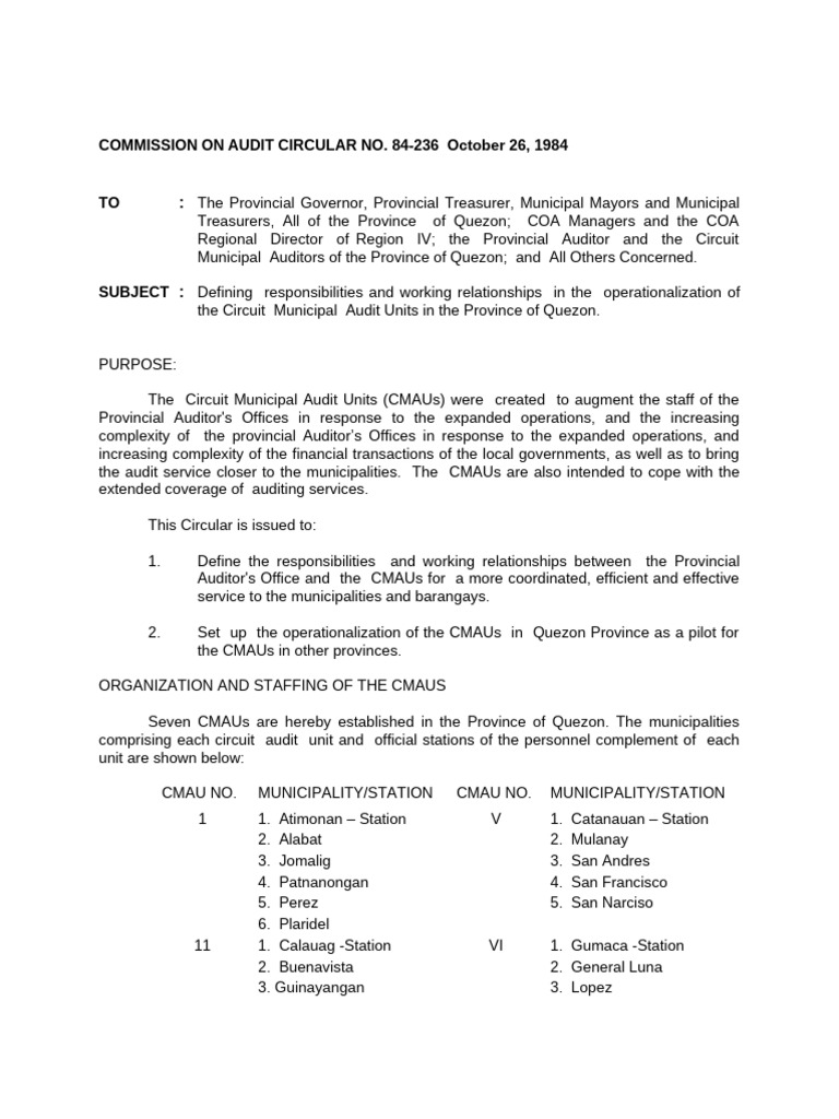 Quezon Province Circuit Audit Units Guide | PDF | Audit | Government