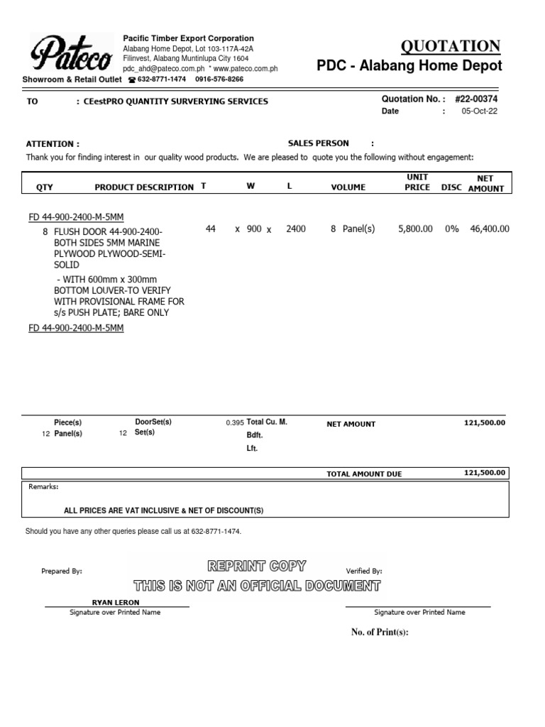 Quotation for Wood Products Services | PDF