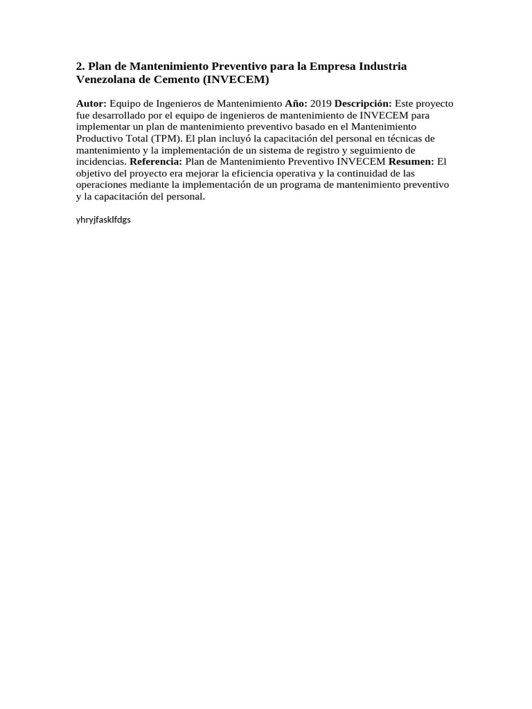 Plan de Mantenimiento Preventivo INVECEM | PDF