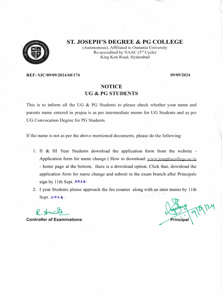 Name Change Notice for UG & PG Students | PDF