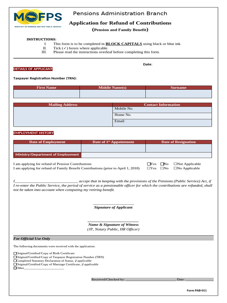Pension Contribution Refund Application Form | PDF | Notary Public ...