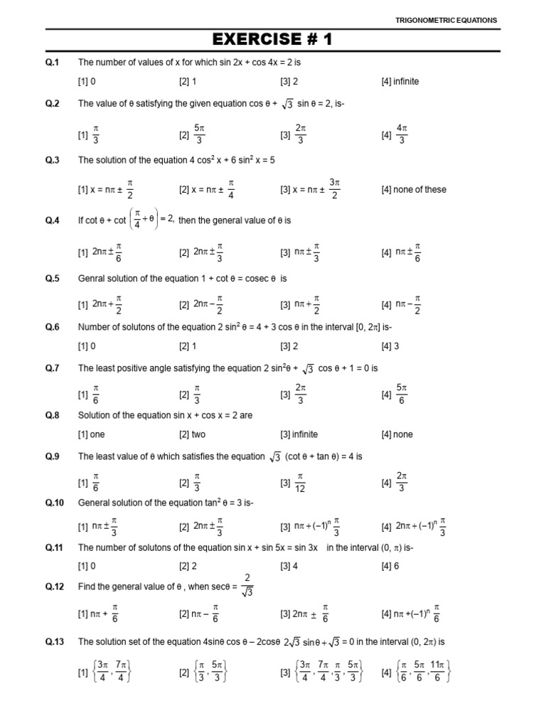 Trigonometric Equations Practice Questions | PDF | Geometry ...