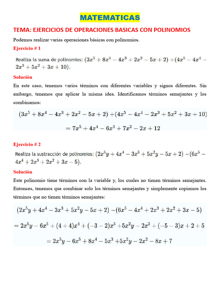 Ejercicios de Operaciones Basicas Con Polinomios | PDF