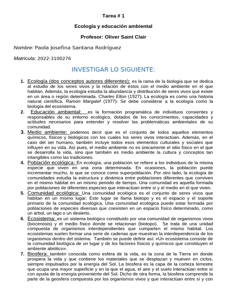 Tarea 1 ECOLOGIA Y EDUCACION AMBIENTAL | PDF | Ecología | Ecosistema
