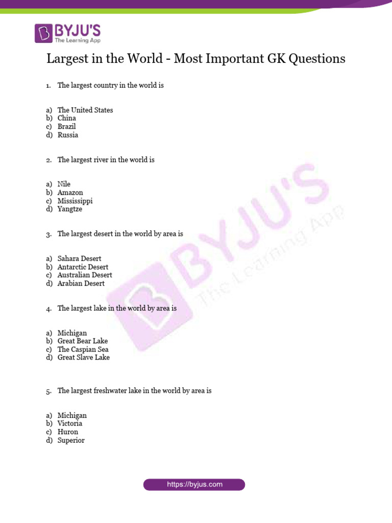 Largest In The World Most Important Gk Questions Pdf