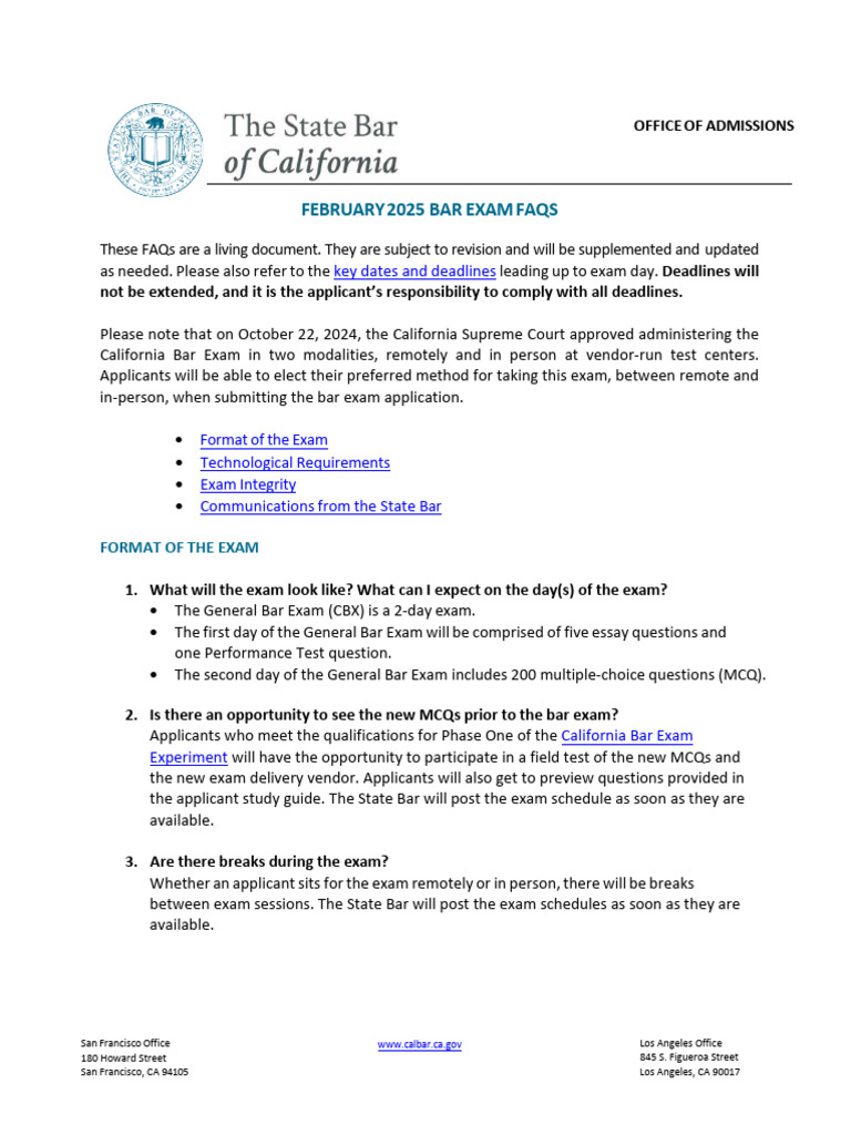 February 2025 California Bar Exam FAQs | PDF | State Bar Of California ...