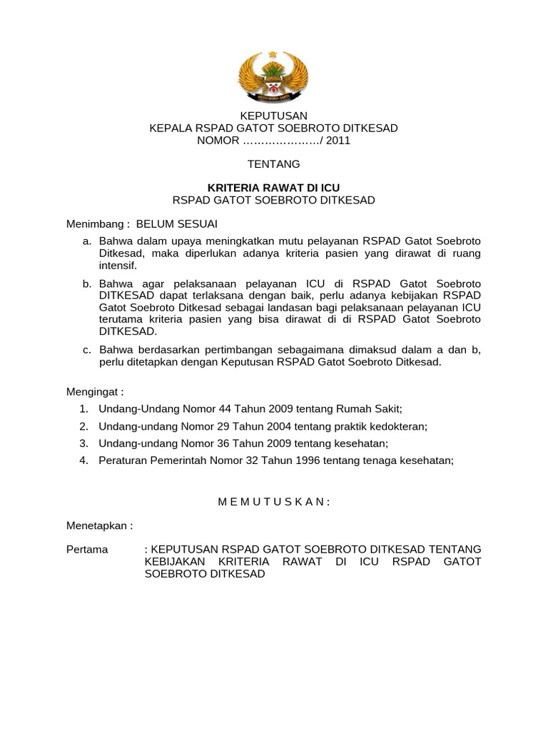Kriteria Rawat ICU RSPAD Gatot Soebroto | PDF