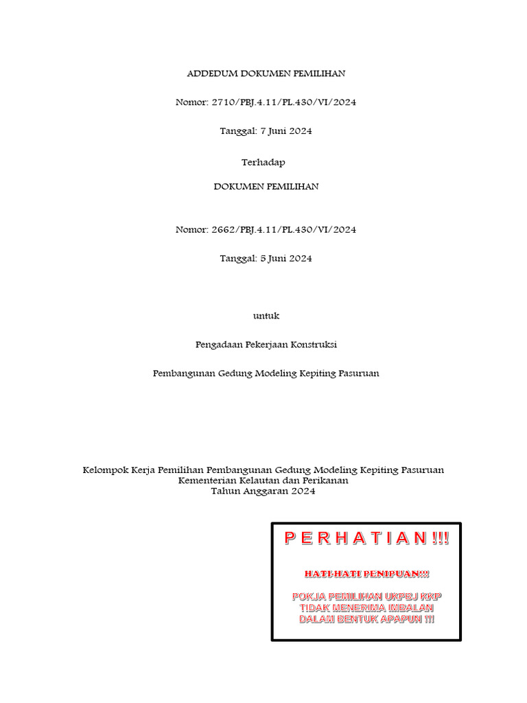 Addendum Dokumen Tender Modeling Kepiting Pasuruhan | PDF