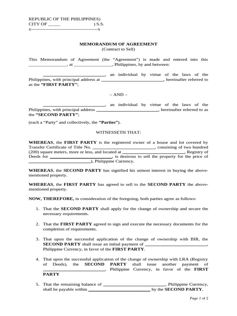 Memorandum of Agreement for Property Sale | PDF | Civil Law (Common Law ...