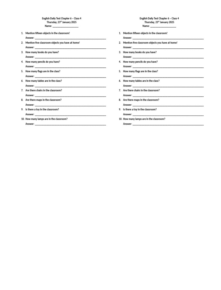 English Daily Test Class 4: Chapter 6 | PDF