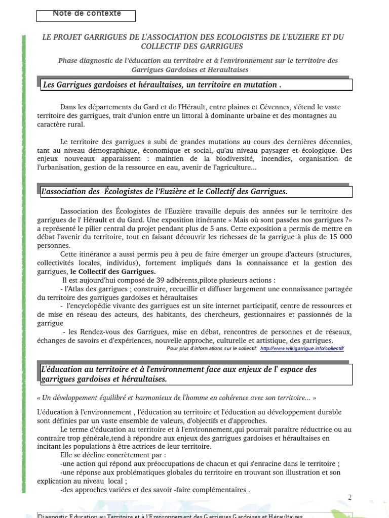 Note de Contexte Projet Garrigue Et Éducation Au Territoire  PDF