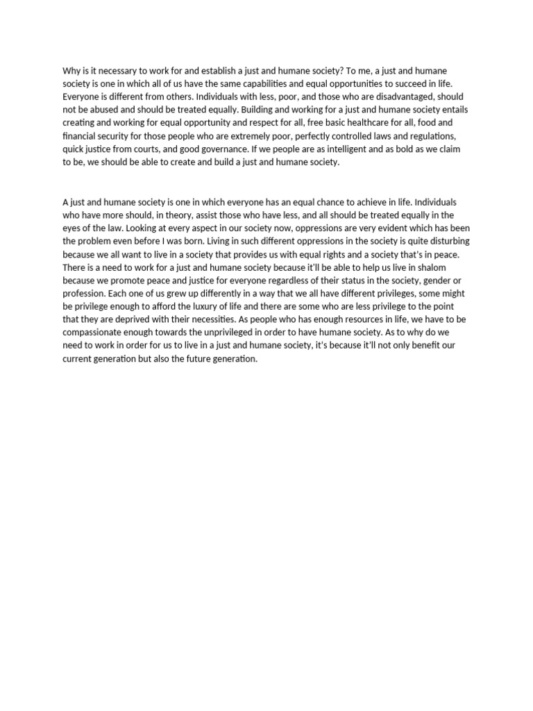 Just and Humane Society-Reflection | PDF