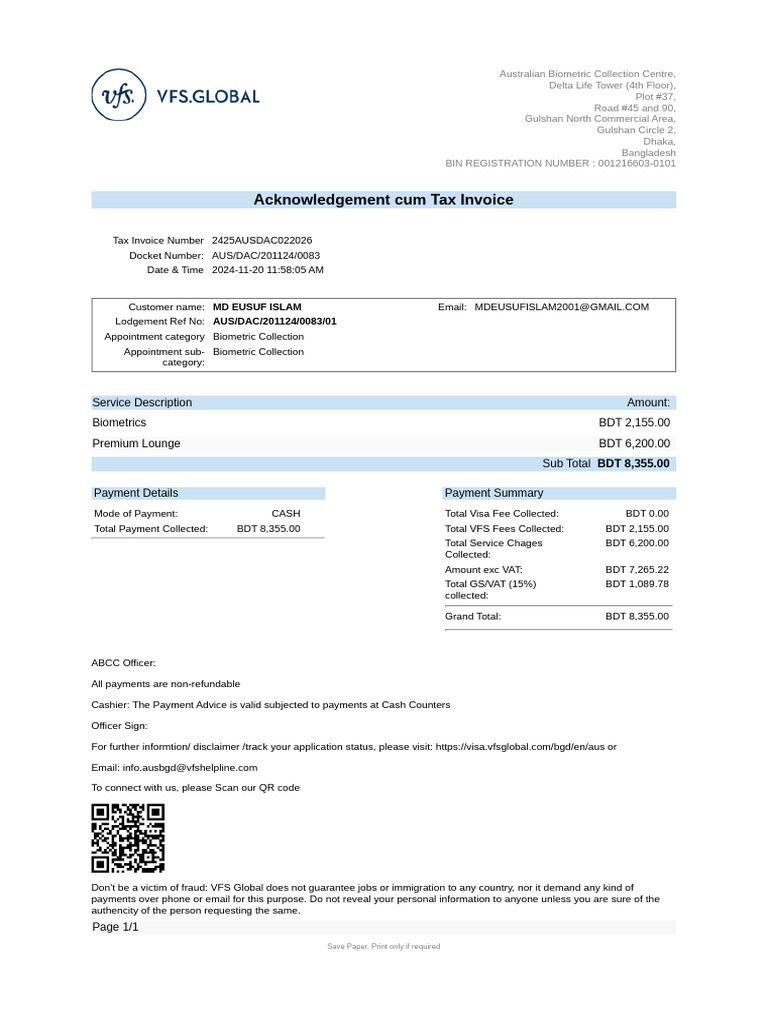 Biometric Payment Invoice for Australia Visa | PDF | Payments