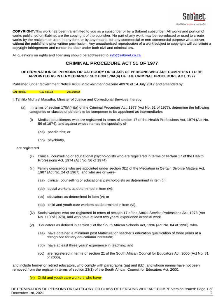 Determination of Persons or Category or Class of Persons Who Are ...