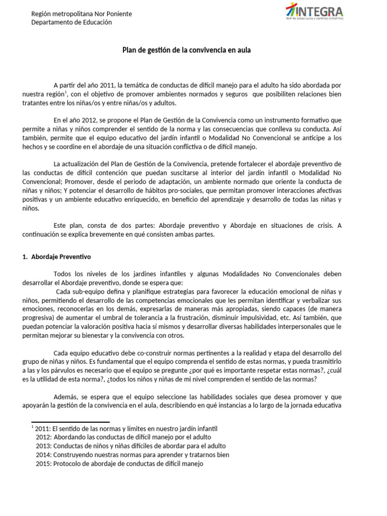 Plan Convivencia Escolar 2012-2015 | PDF | Educación de la primera ...