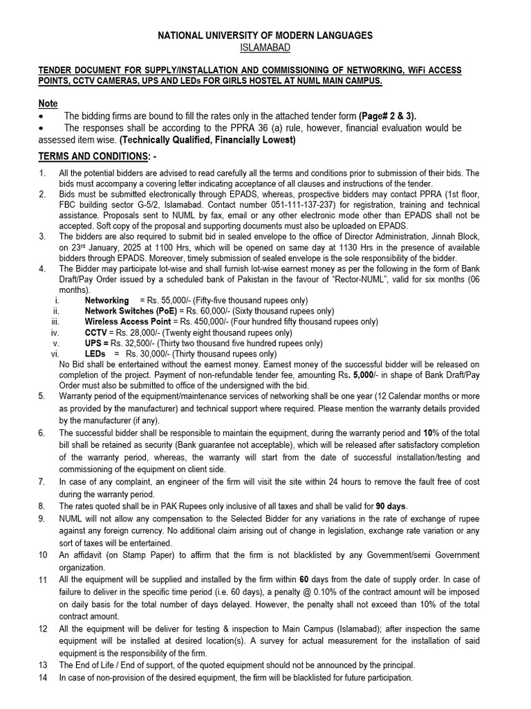 NUML Girls Hostel Networking Equipment Tender | PDF ...
