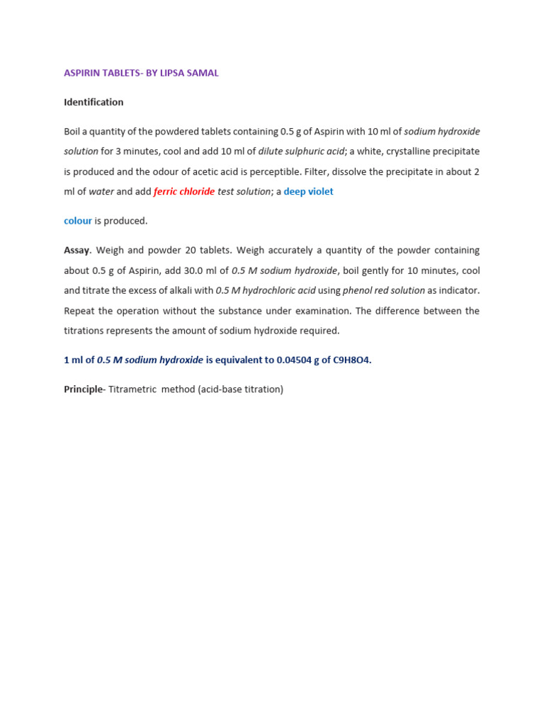 Aspirin Tablet Identification & Assay Guide | PDF