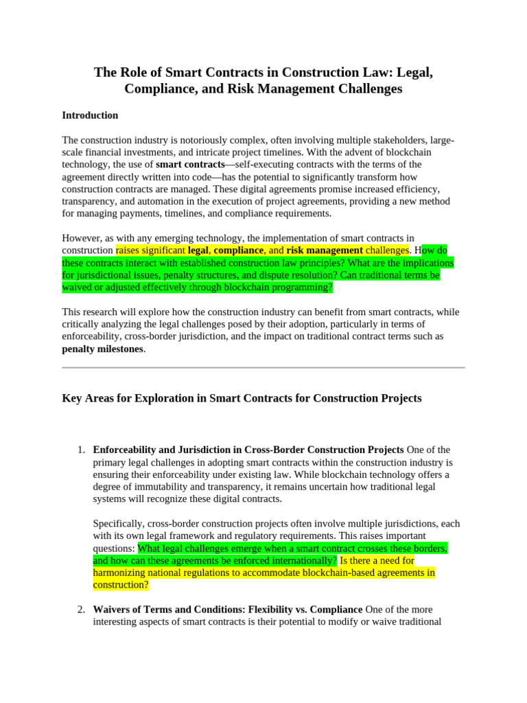 Smart Contracts in Construction Law Challenges | PDF | Regulatory ...