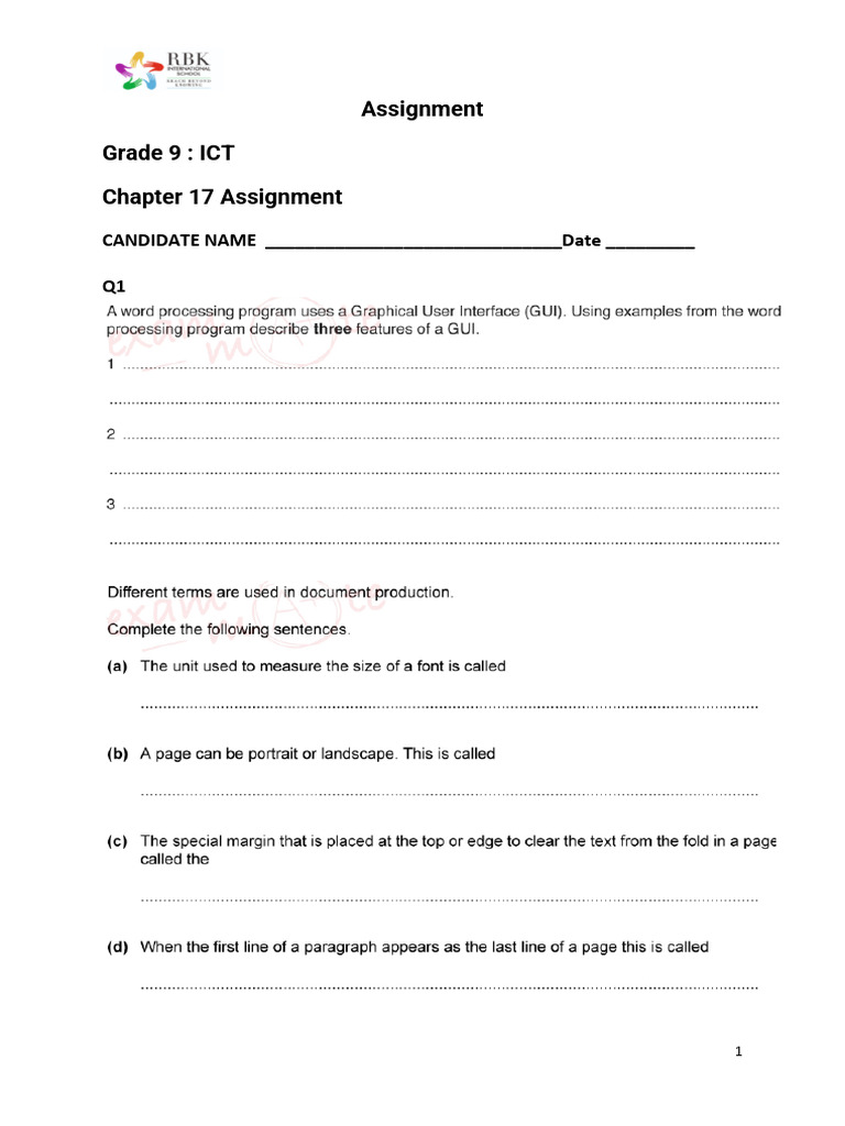 Grade 9 ICT Assignment: Chapter 17 | PDF
