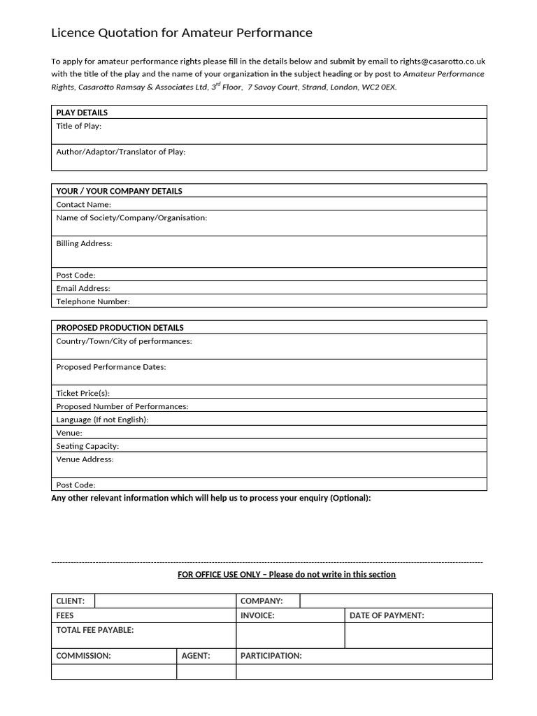 Amateur Performance Rights Application | PDF