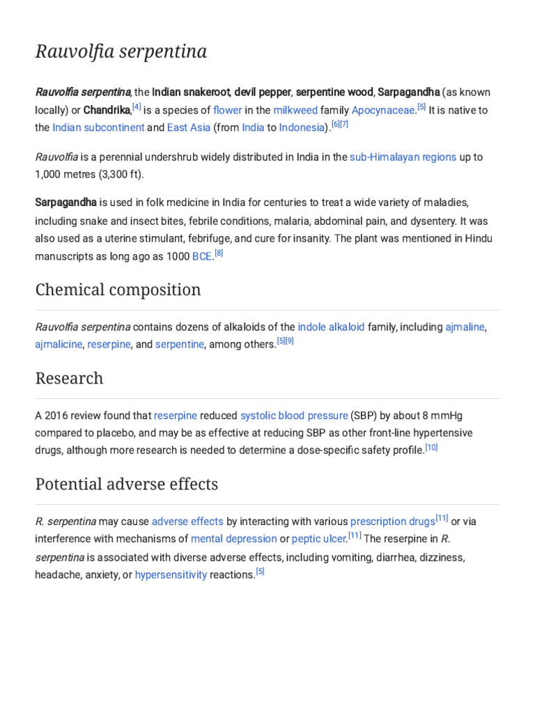 Rauvolfia Serpentina: Uses & Effects | PDF