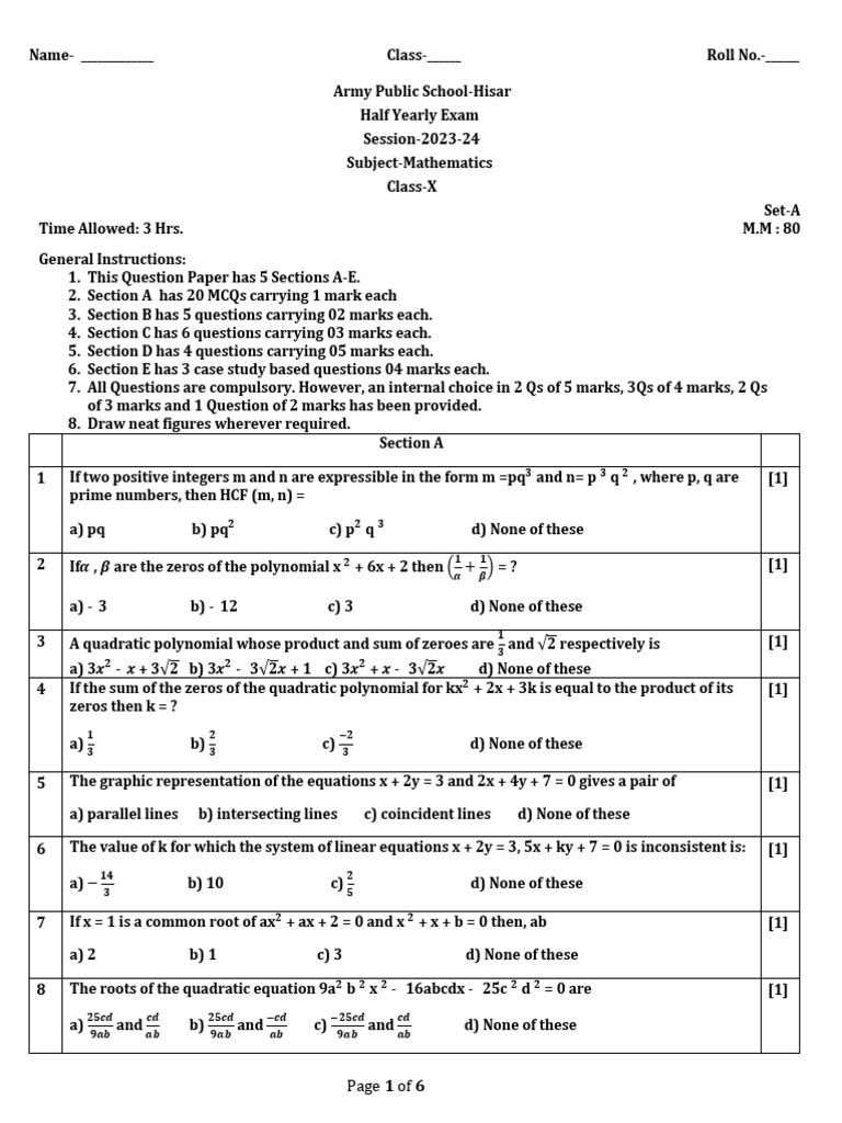 Class X Mathematics Half-Yearly Exam | PDF | Equations | Zero Of A Function