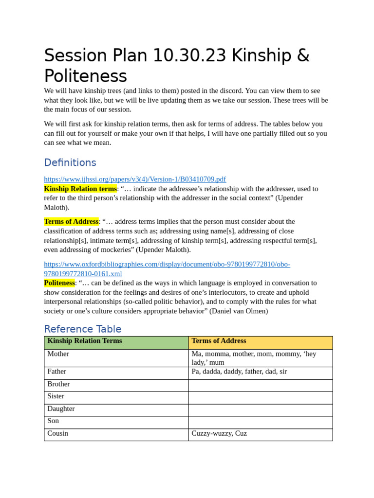 Kinship & Politeness Session Plan | PDF | Kinship | Linguistics