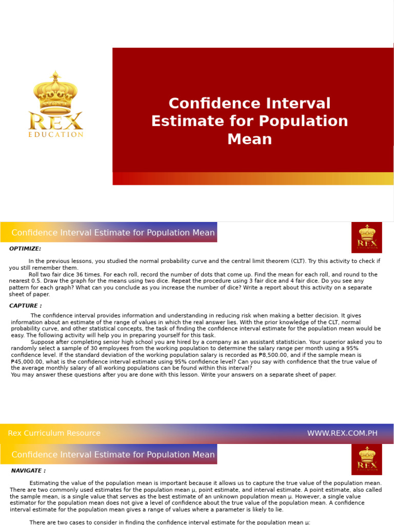 Confidence Interval for Population Mean | PDF | Estimator | Confidence ...