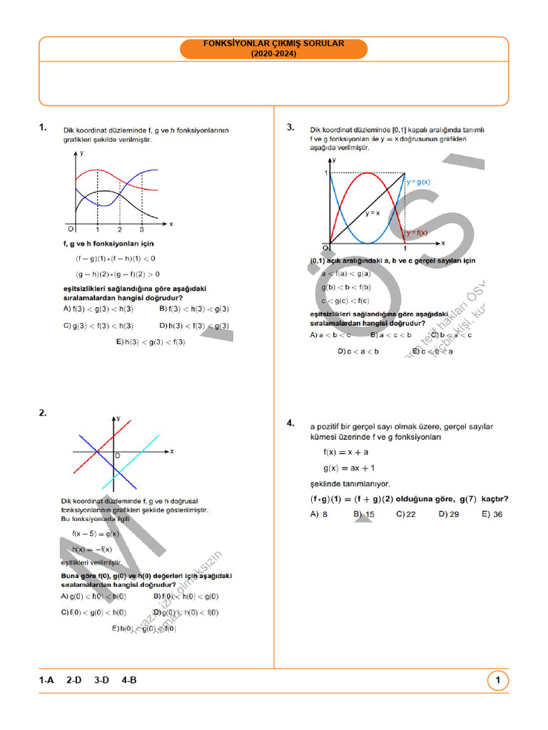 Fonksi̇yonlar Çikmiş Sorular (2020-2024) | PDF