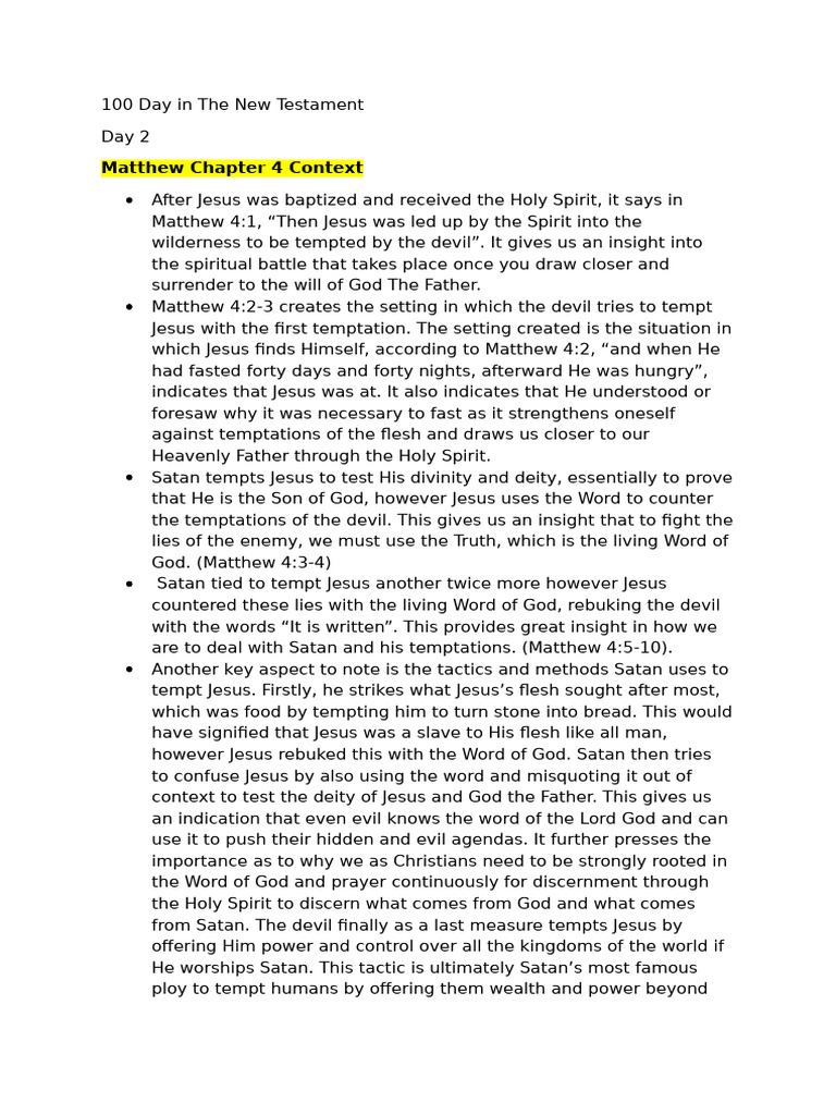 100 Day in The New Testament Day 2 | PDF | Jesus | Satan