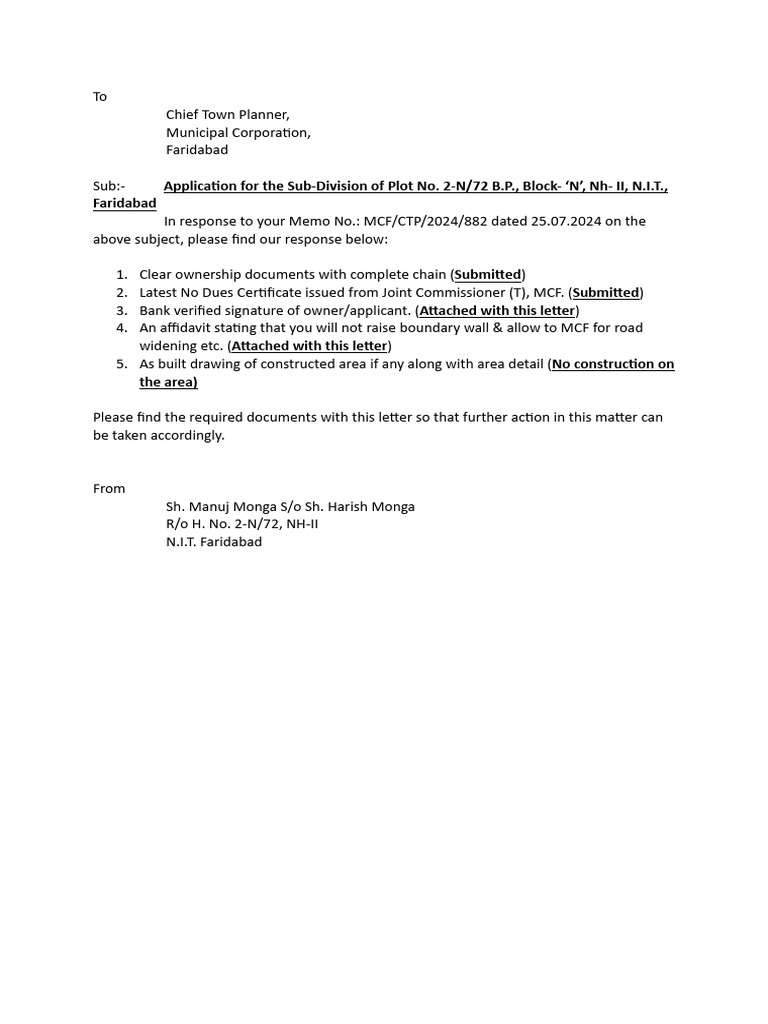 Application for Plot Sub-Division in Faridabad | PDF
