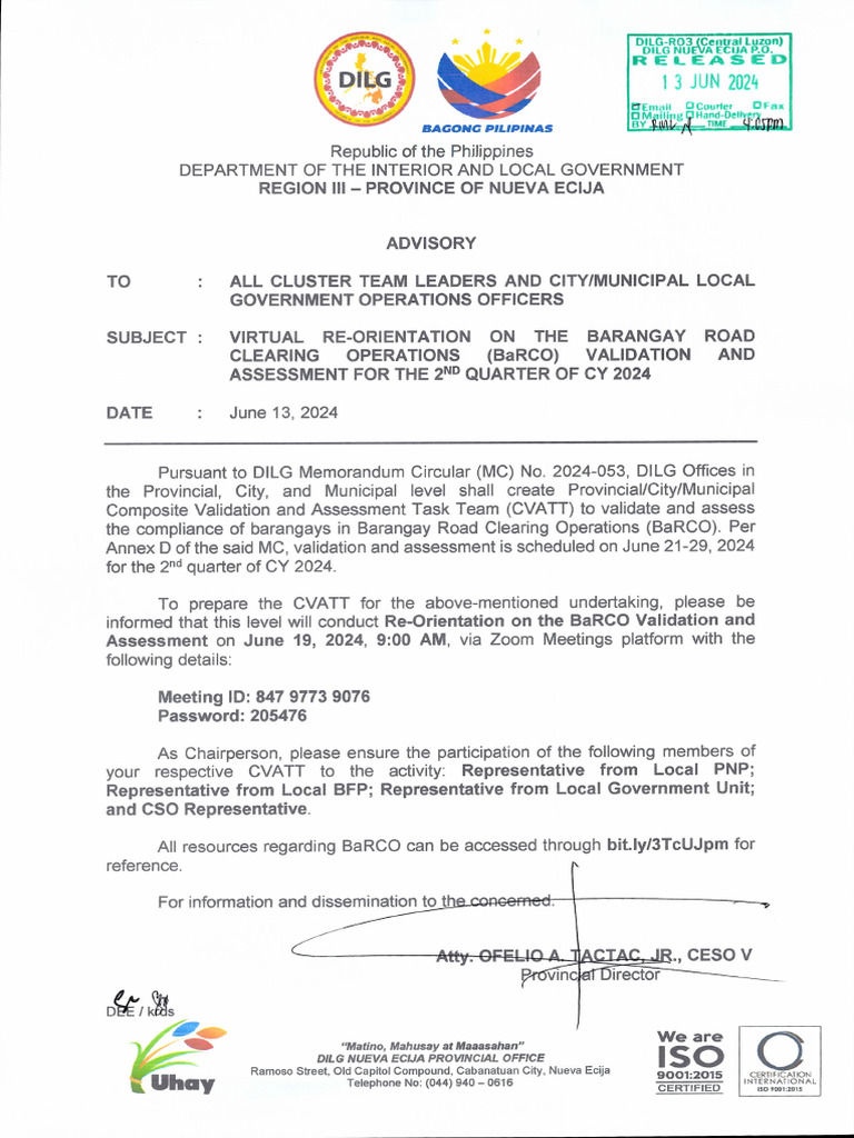 ADVISORY RE Barangay Road Clearing Program | PDF