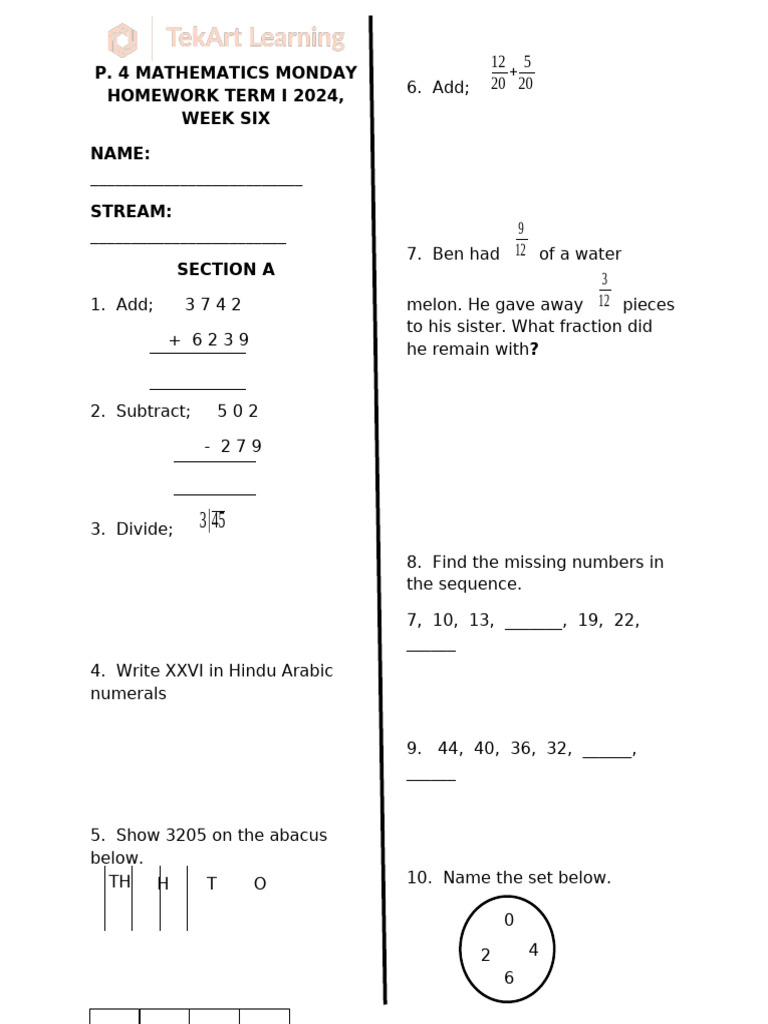 Term 1 Math Homework Week 6 | PDF
