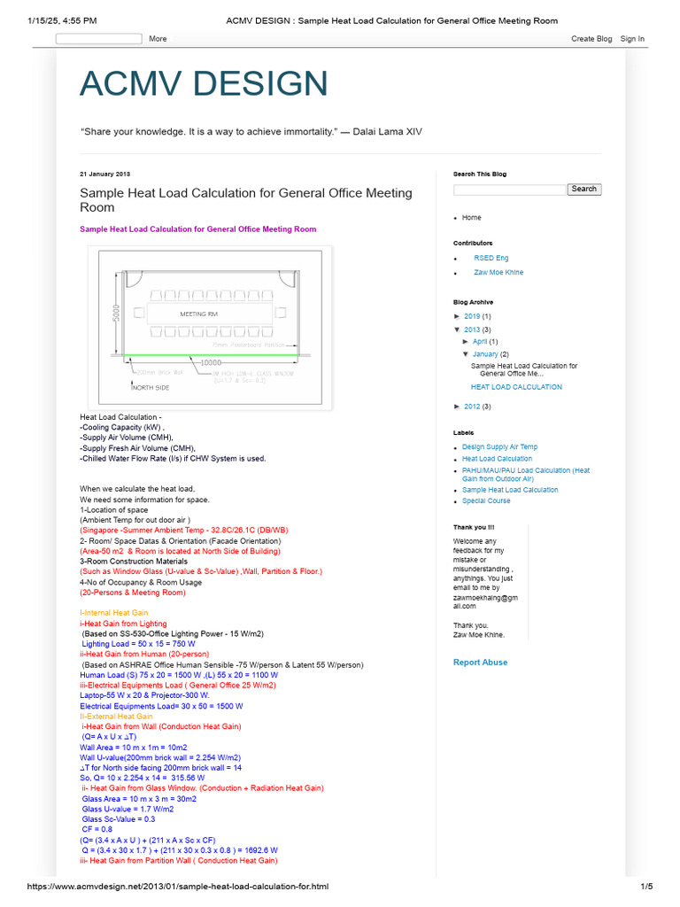 Heat Load Calculation for Office Room | PDF | Water | Physical Chemistry