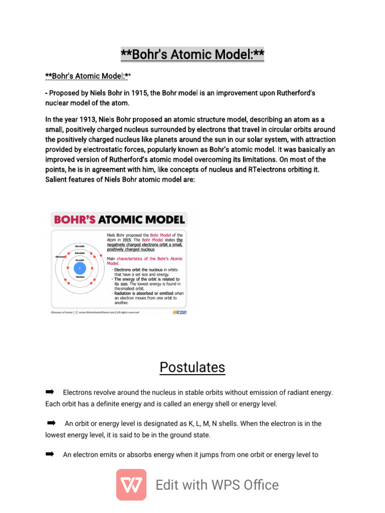 Bohr's Atomic Model Overview | PDF | Energy Level | Electron