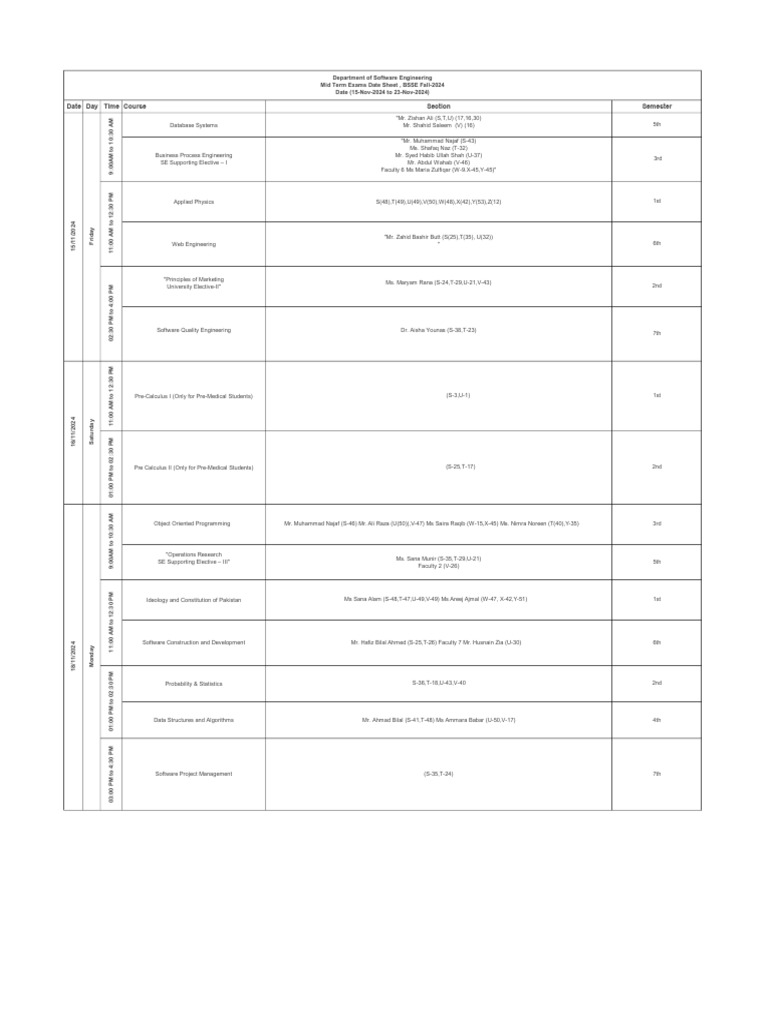 BSSE Fall 2024 Midterm Exam Schedule | PDF