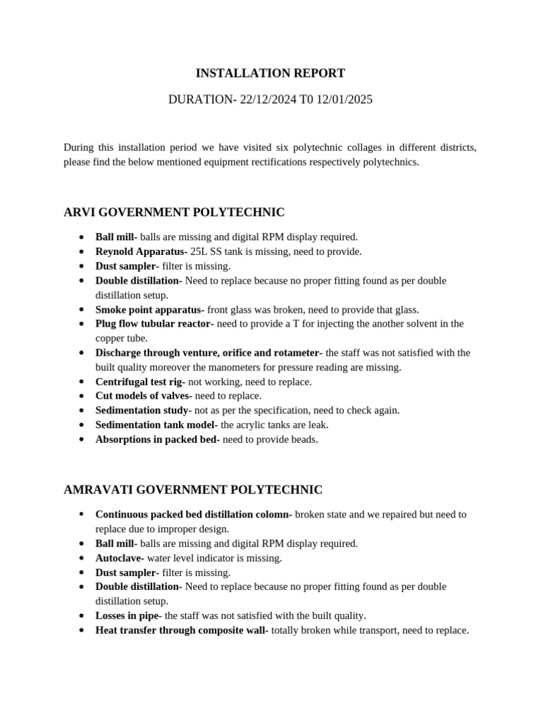 Installation Report | PDF | Distillation | Chemical Reactor