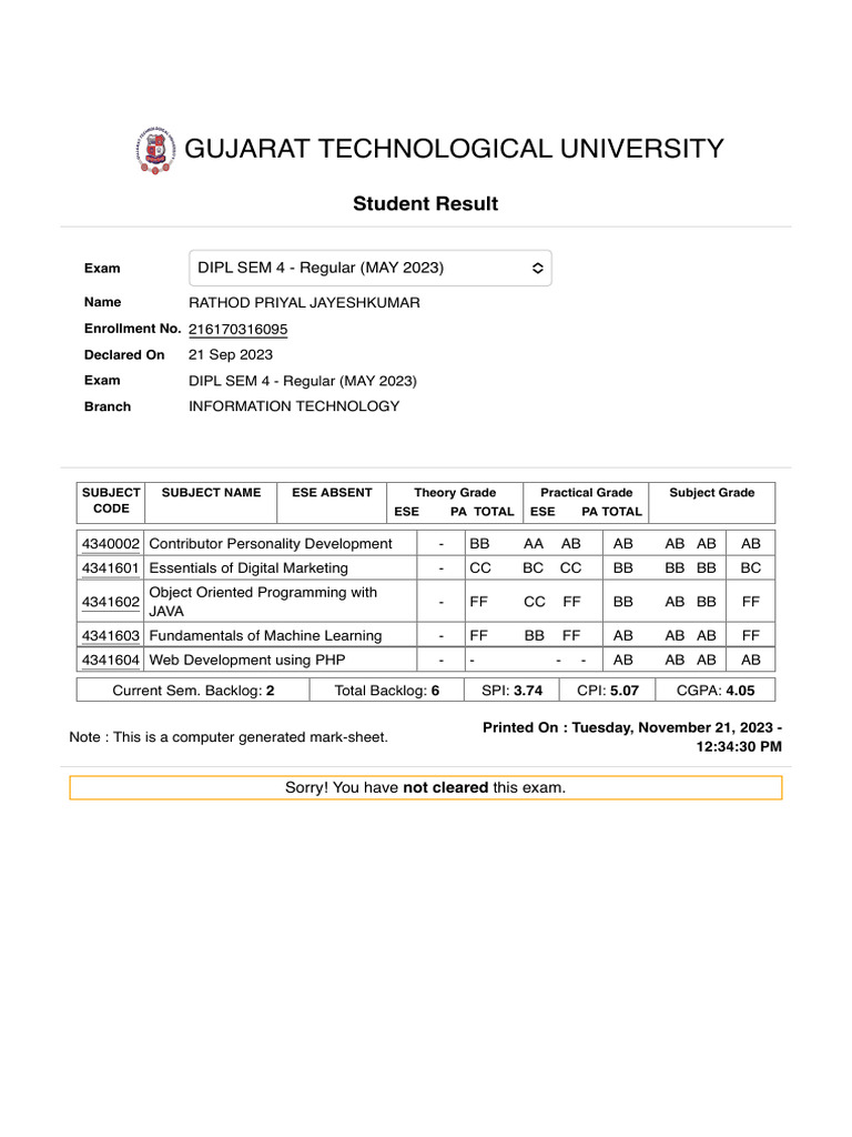 DIPL SEM 4 Exam Results - IT 2023 | PDF